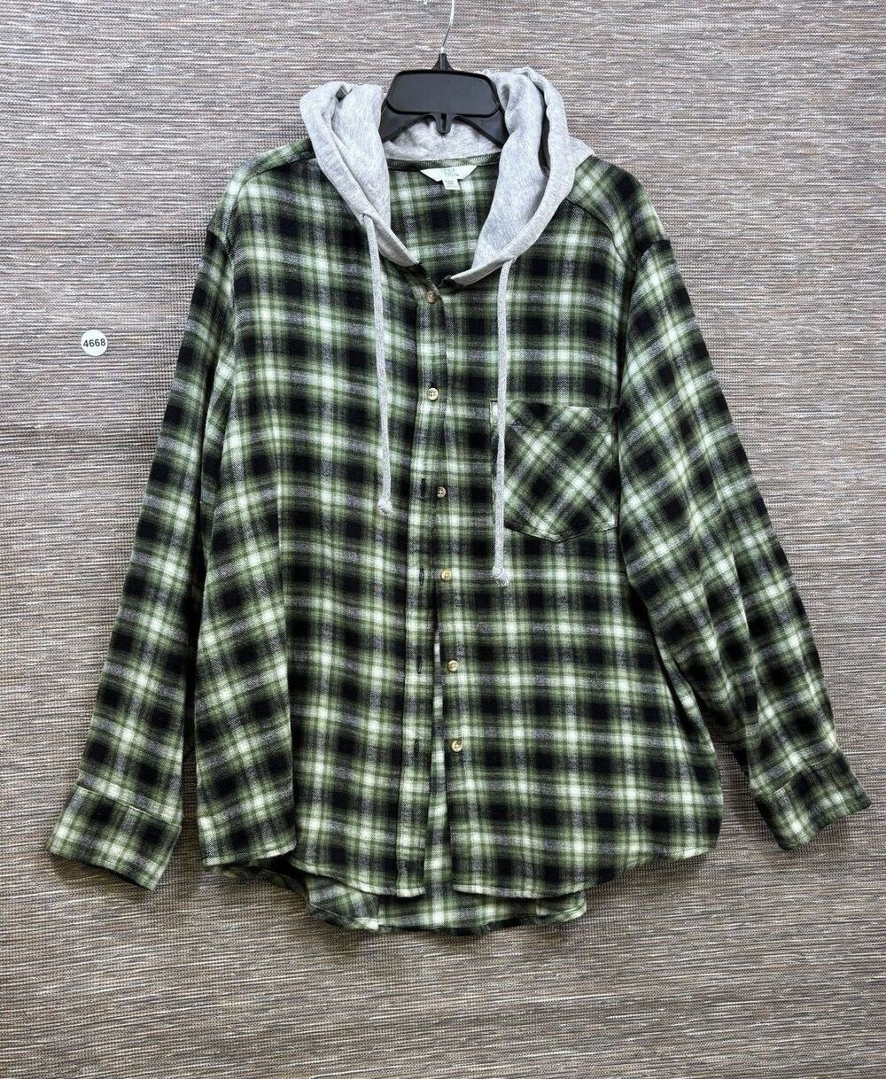Time And Tru Shirt Womens Sz 3XL Green Plaid Hooded Flannel Button Up Tunic Top